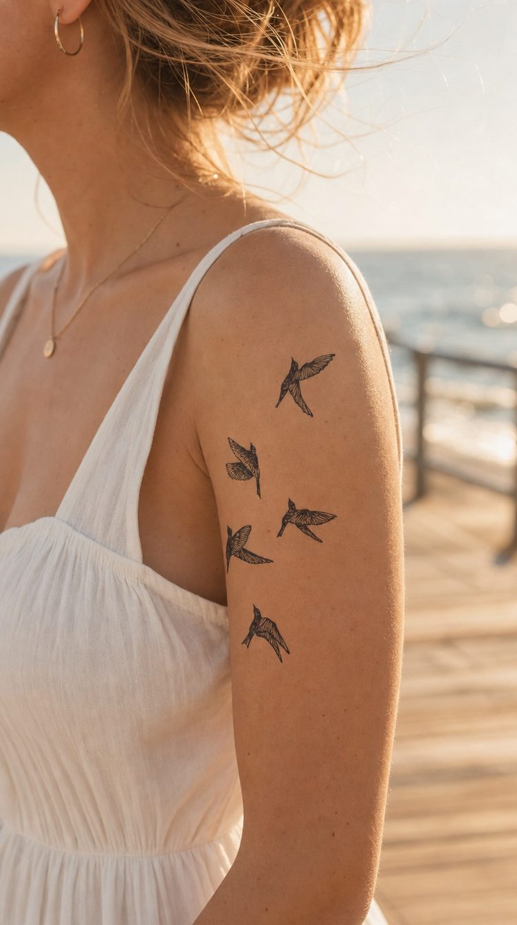 Tatuaj temporar cu păsări în zbor, motiv de aripi și pene