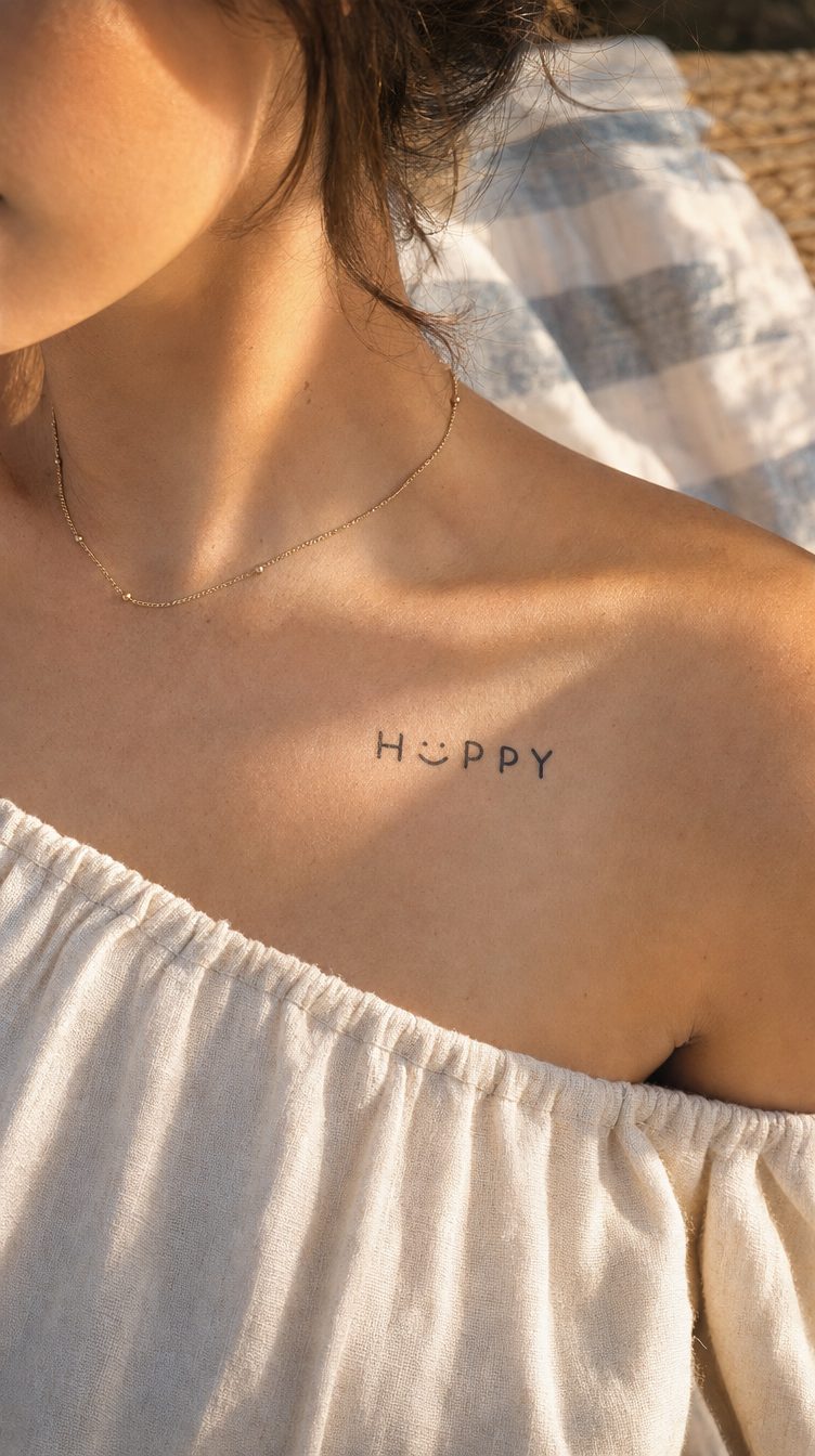 Modelul minimalist Happy aplicat pe piele, tatuaj temporar gata de aplicat
