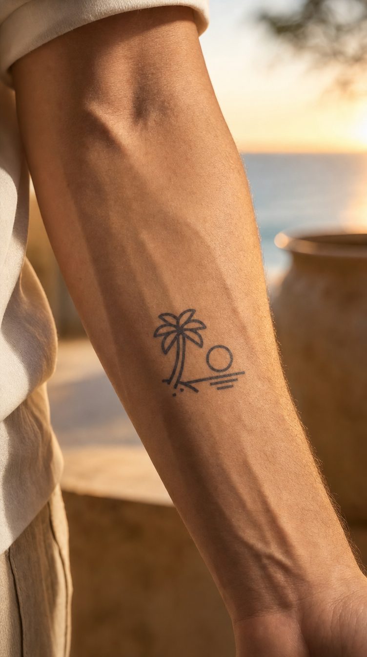 Tatuaj temporar minimalist Serenitate, cu palmier și soare într-un cadru de peisaj