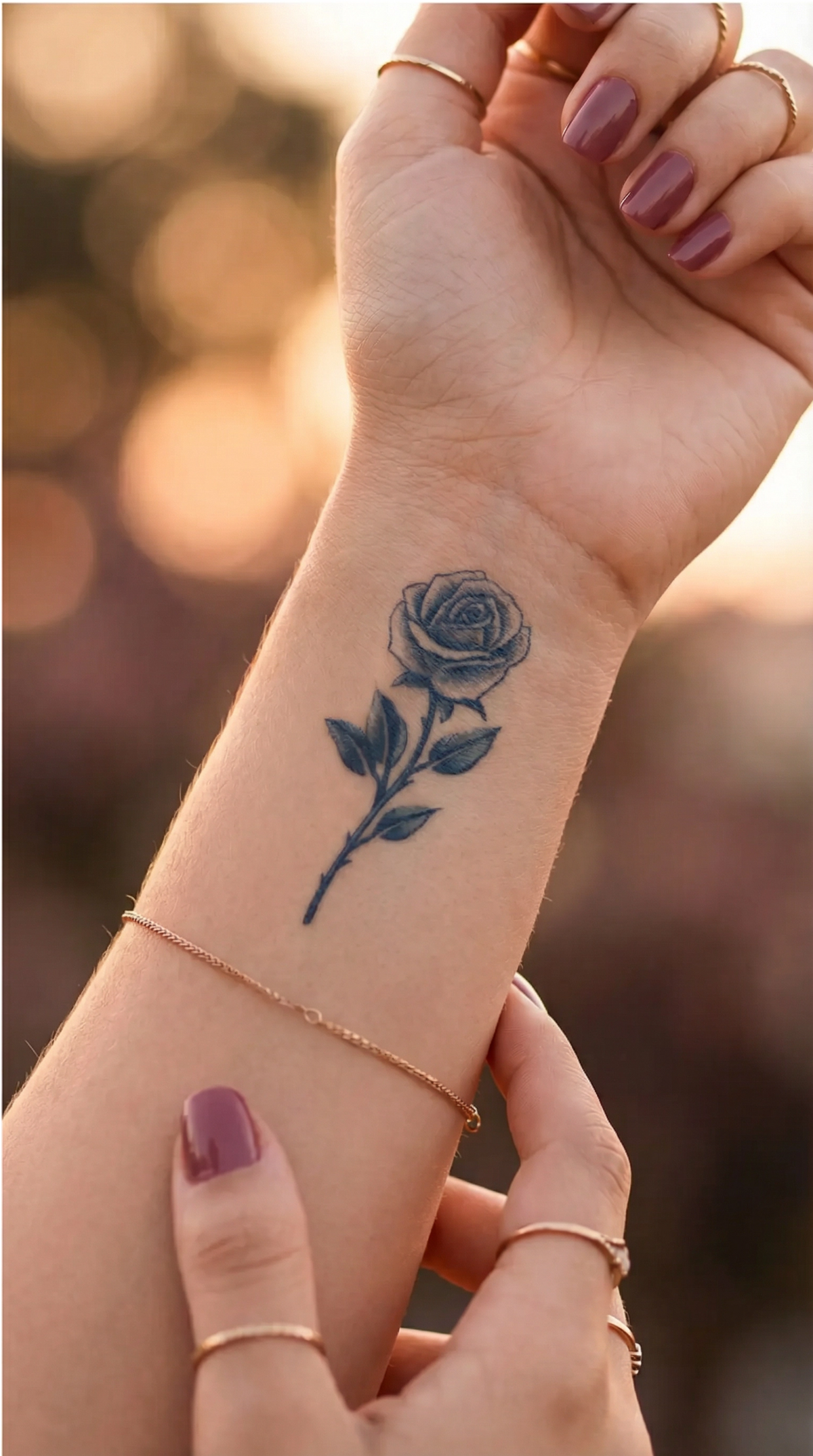 Tatuaj minimalist cu un trandafir stilizat mic, realizat cu linii fine, pe gambă