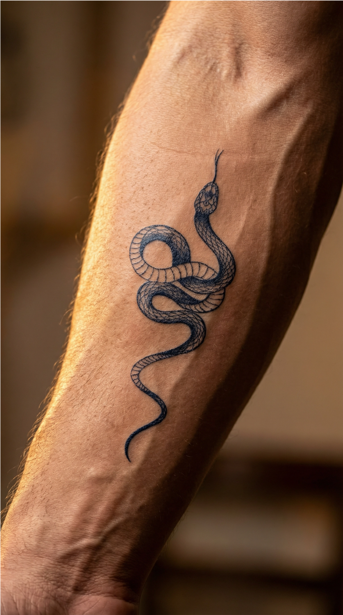 Tatuaj temporar cu șarpe desenat în linie fină, cu o formă alungită pe verticală